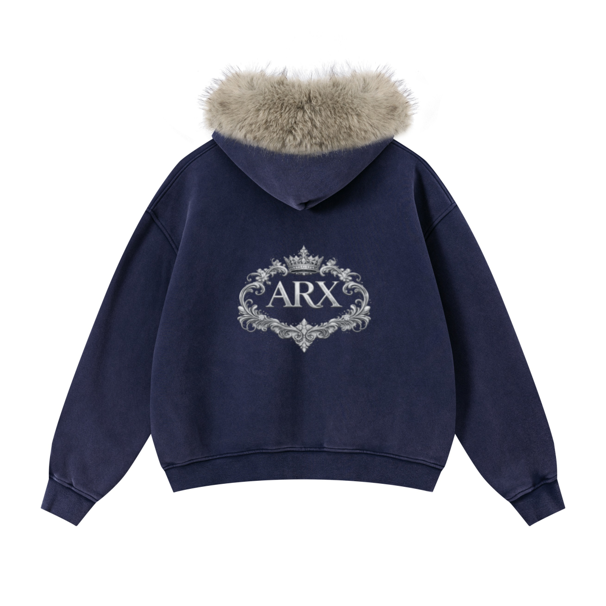 400GSM Unisex Vintage Boxyfit Faux Fur Collar Zipper Hoodie Vintage Sapphire Blue