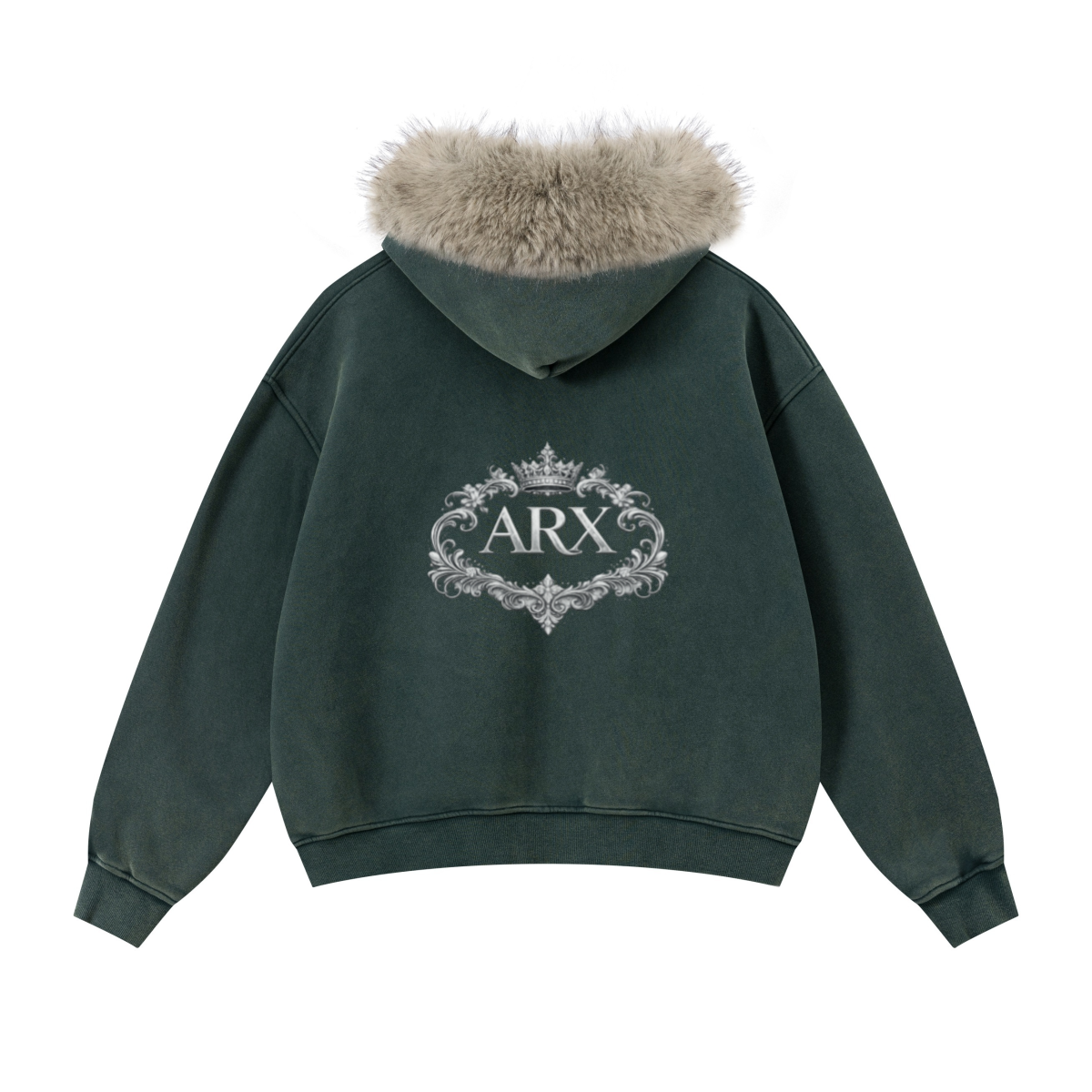 400GSM Unisex Vintage Boxyfit Faux Fur Collar Zipper Hoodie Vintage Olive Green