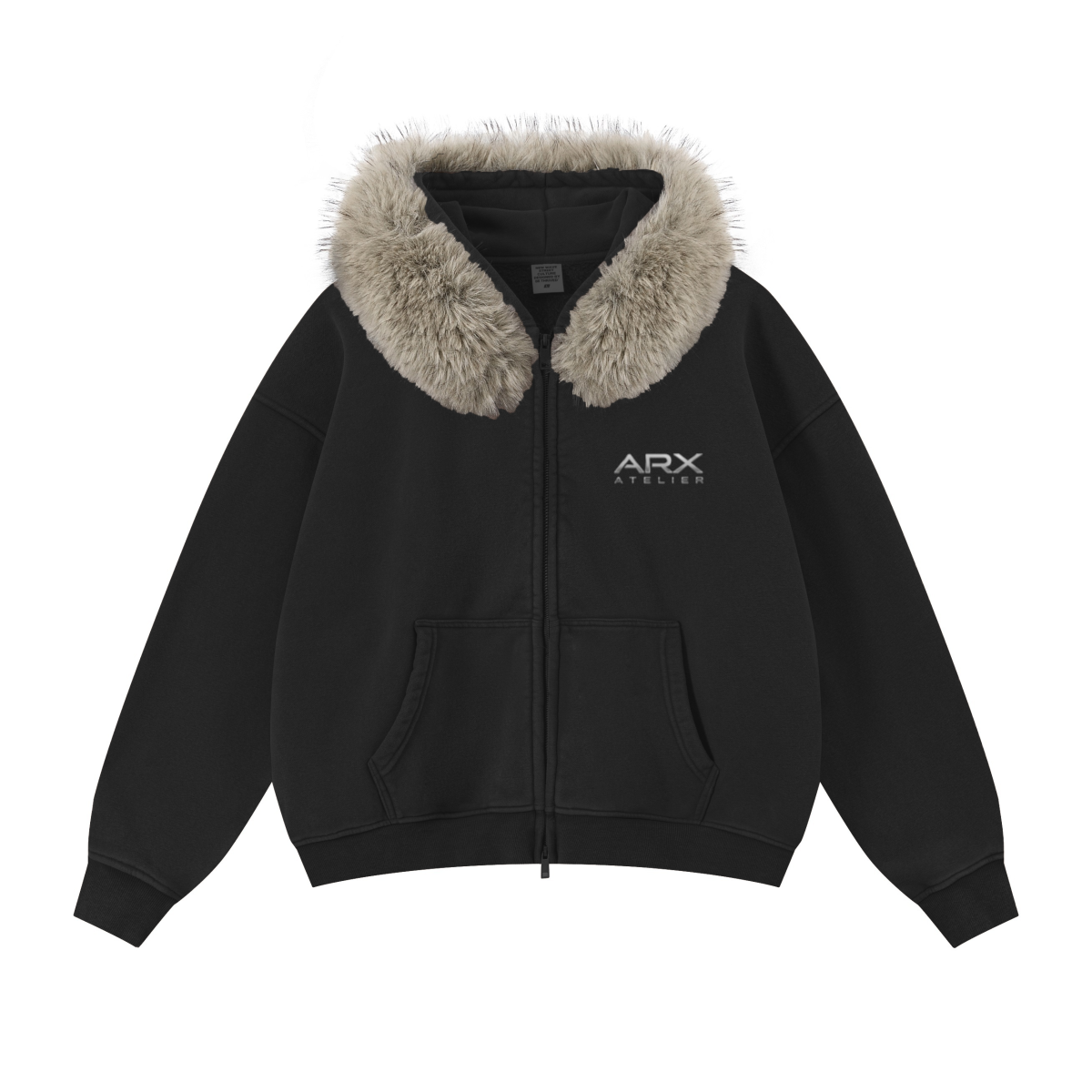 400GSM Unisex Vintage Boxyfit Faux Fur Collar Zipper Hoodie Vintage Black