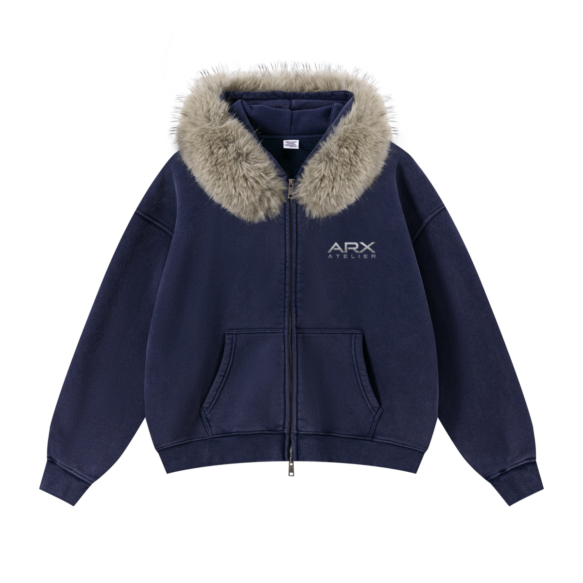 400GSM Unisex Vintage Boxyfit Faux Fur Collar Zipper Hoodie Vintage Sapphire Blue