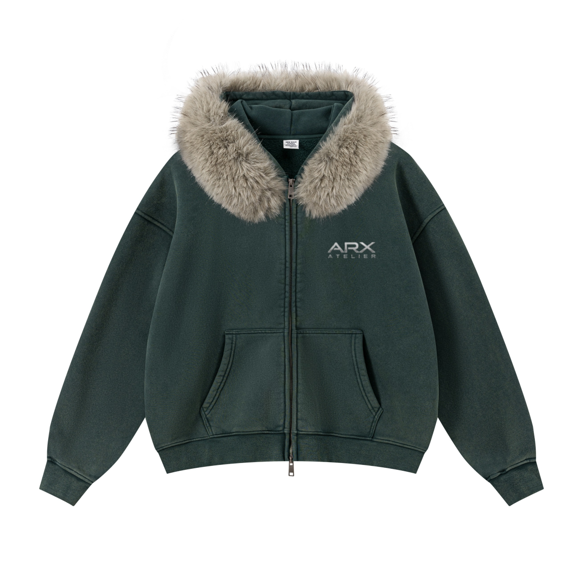 400GSM Unisex Vintage Boxyfit Faux Fur Collar Zipper Hoodie Vintage Olive Green