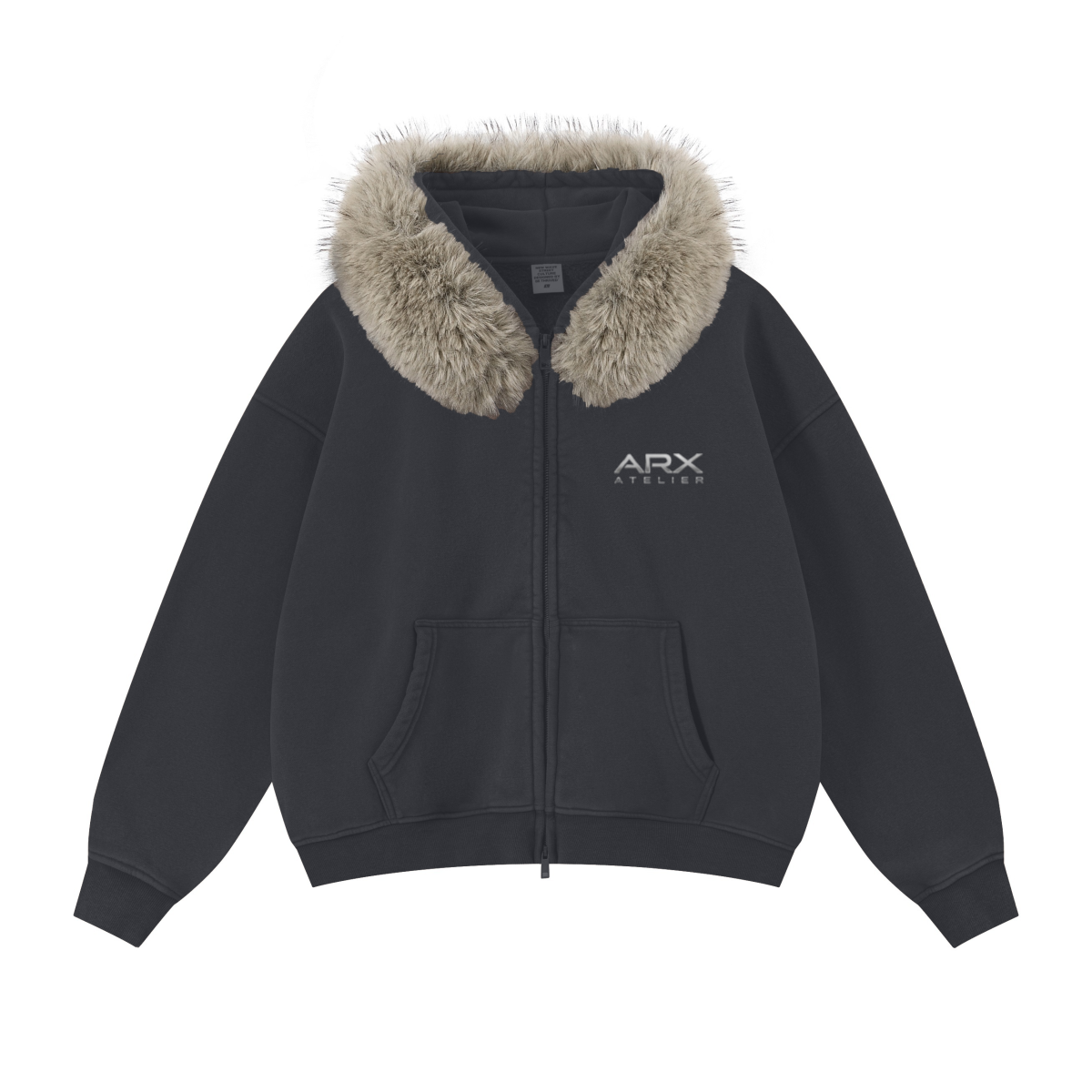 400GSM Unisex Vintage Boxyfit Faux Fur Collar Zipper Hoodie Vintage Dark Grey