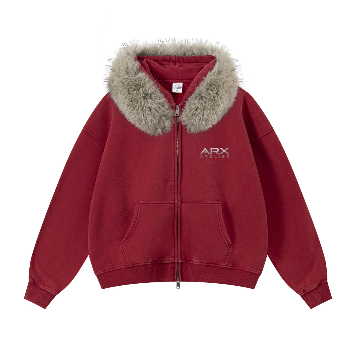 400GSM Unisex Vintage Boxyfit Faux Fur Collar Zipper Hoodie Vintage Rust Red