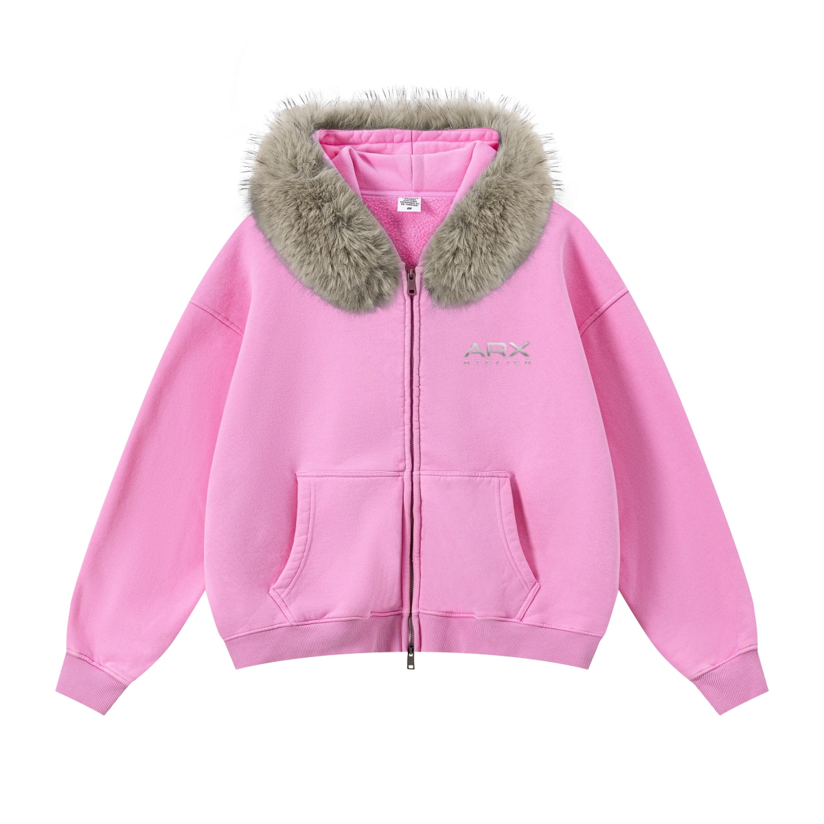 400GSM Unisex Vintage Boxyfit Faux Fur Collar Zipper Hoodie Vintage Peach Pink