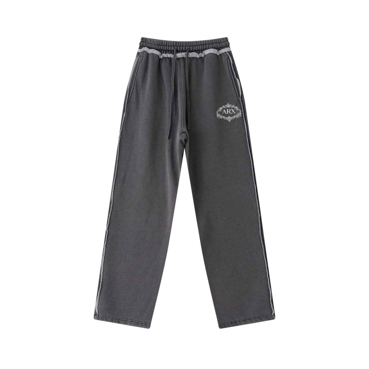 400GSM Men’s Raw-Edge Pigment-Wash Straight-Leg Pants Dark Grey